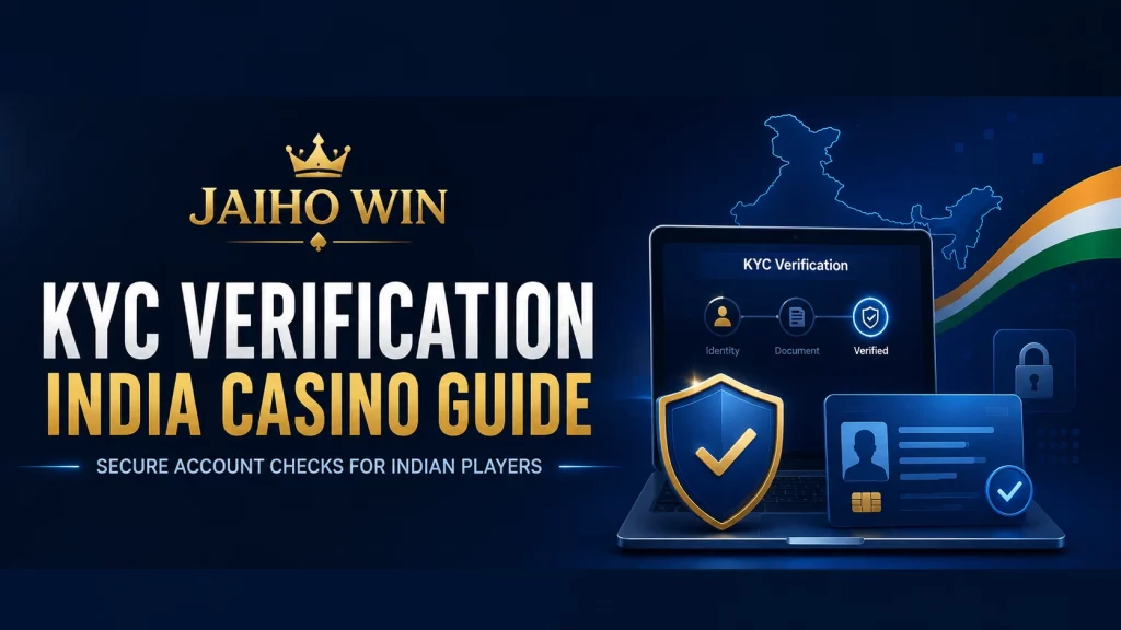 Jaiho Win KYC Verification India Casino Guide banner with shield, ID card, laptop verification screen, India map outline, and secure account check symbols.