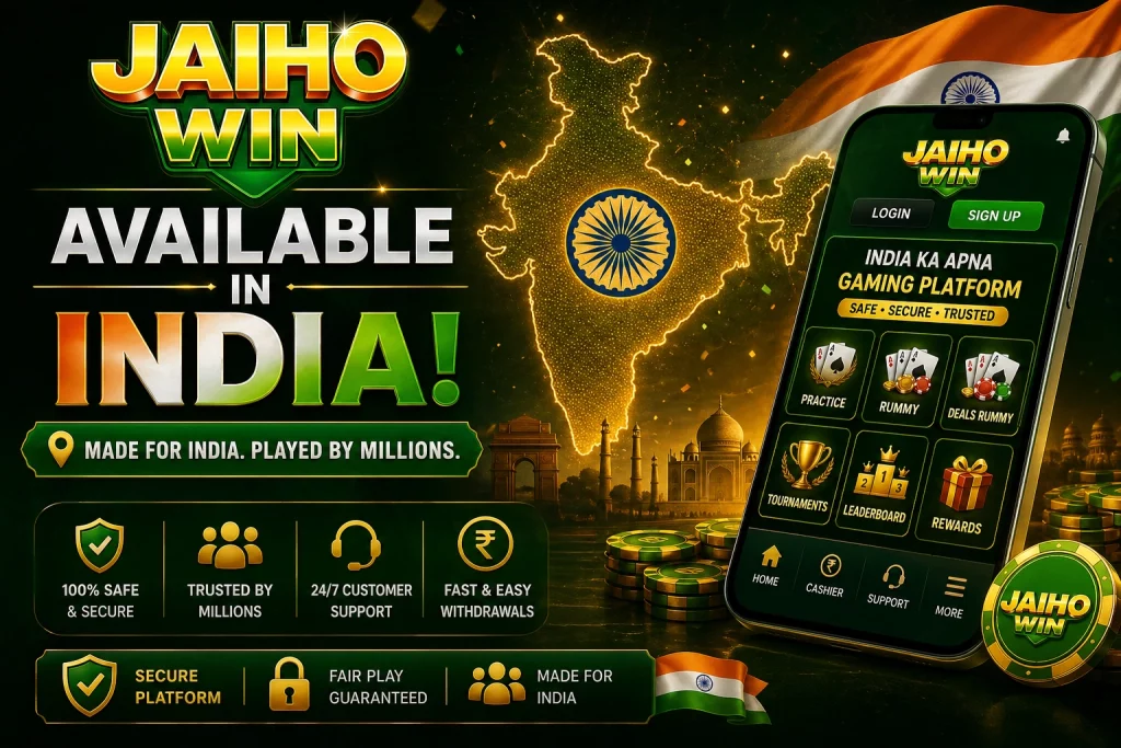 Jaiho Win available in India banner with mobile gaming platform, secure deposits, fast withdrawals and Indian themed casino app design